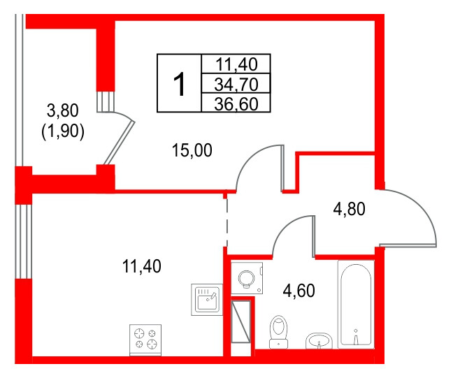 Квартира в ЖК Янила Форест, 1 комнатная, 36.6 м², 7 этаж