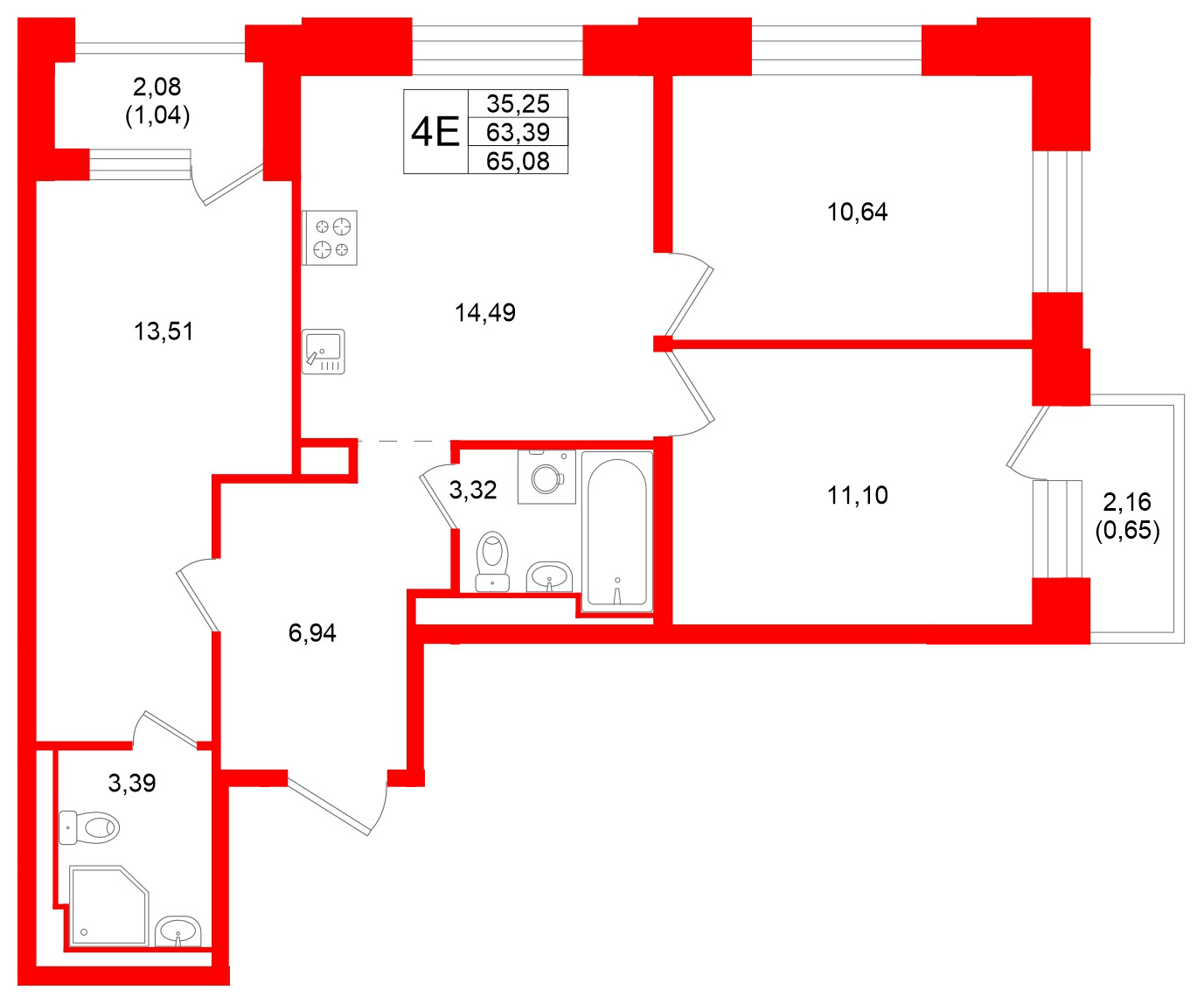 Квартира в ЖК «Кольский», 3 комнатная, 65.08 м², 10 этаж