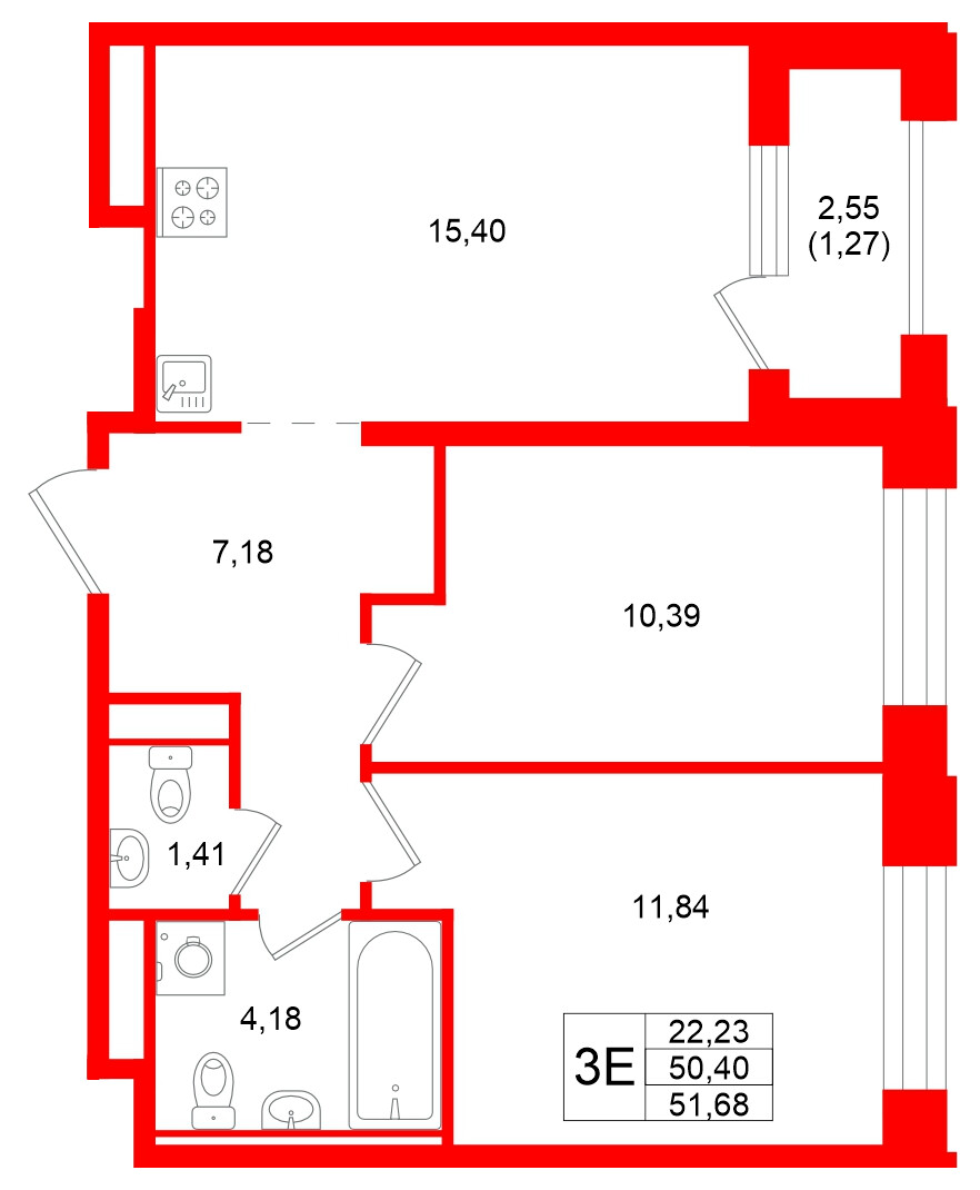 Квартира в ЖК «Кольский», 2 комнатная, 51.68 м², 14 этаж