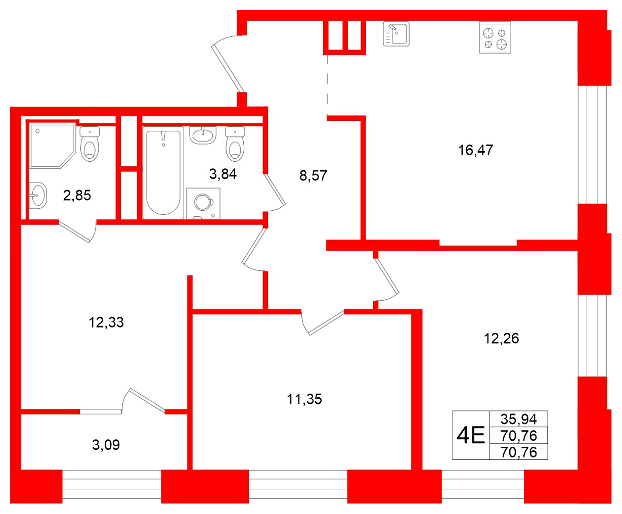 Квартира в ЖК «Кольский», 3 комнатная, 70.76 м², 10 этаж