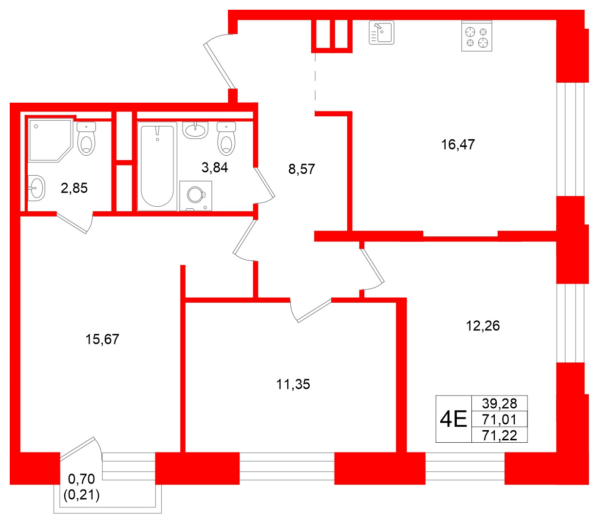 Квартира в ЖК «Кольский», 3 комнатная, 71.22 м², 15 этаж