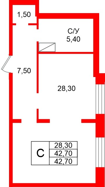 Квартира в ЖК «Рябиновый сад», студия, 42.7 м², 1 этаж