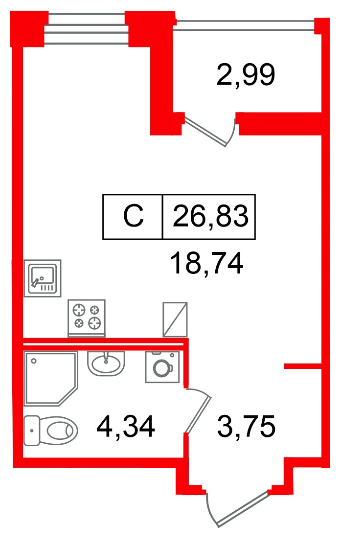 Квартира в ЖК «Ультра Сити 3.0», студия, 26.83 м², 12 этаж