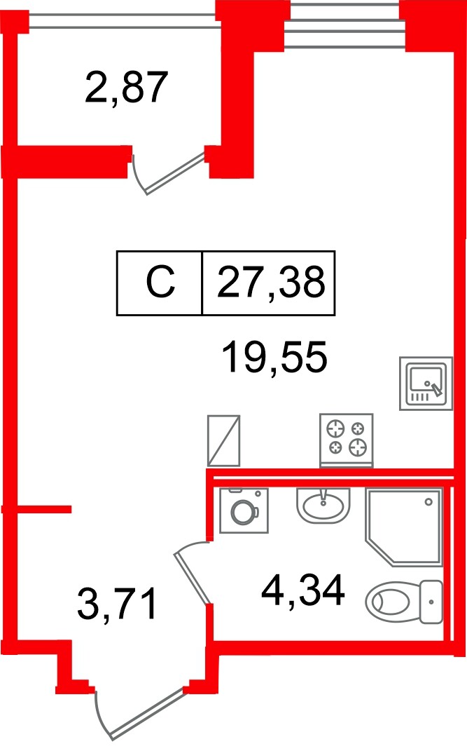 Квартира в ЖК «Ультра Сити 3.0», студия, 27.38 м², 7 этаж