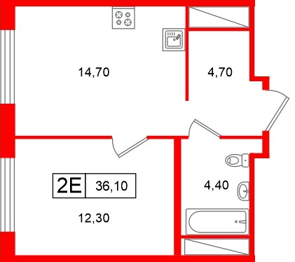 Планировка — 1-комн квартира, 35,2 м² в ЖК «Передвижники»