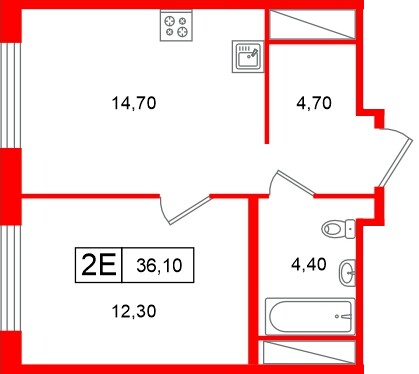 Планировка — 1-комн квартира, 35,2 м² в ЖК «Передвижники»