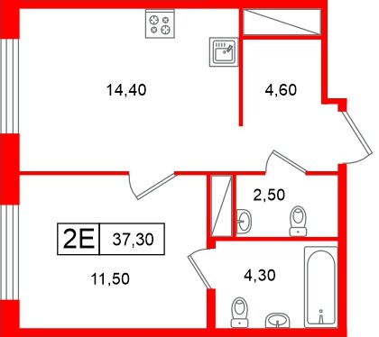 Планировка — 1-комн квартира, 37,3 м² в ЖК «Передвижники»