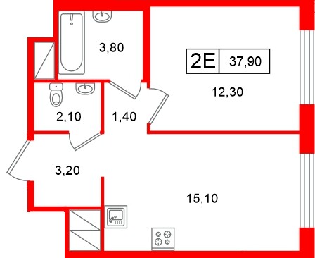 Планировка — 1-комн квартира, 37,1 м² в ЖК «Передвижники»