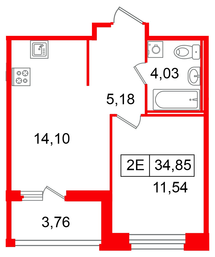 Квартира в ЖК «Ультра Сити 3.0», 1 комнатная, 34.85 м², 12 этаж