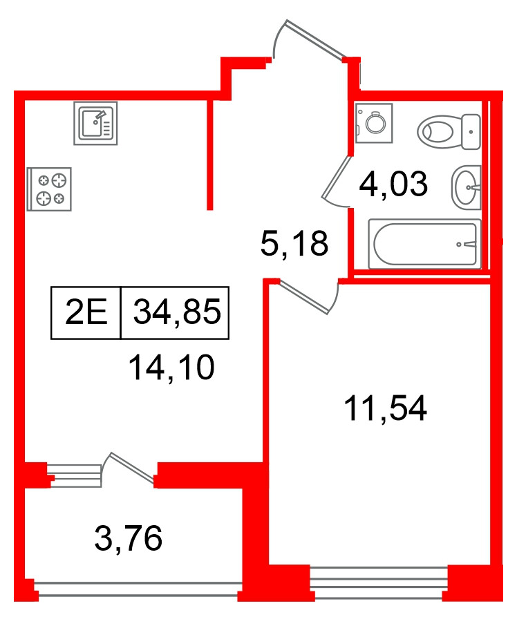 Квартира в ЖК «Ультра Сити 3.0», 1 комнатная, 34.85 м², 16 этаж