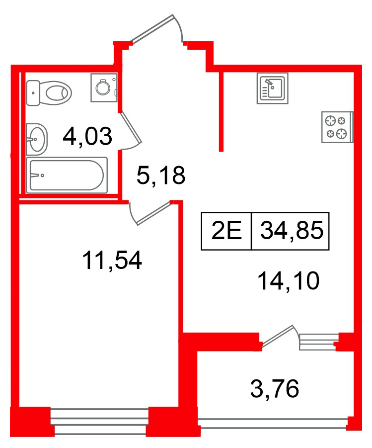 Квартира в ЖК «Ультра Сити 3.0», 1 комнатная, 34.85 м², 13 этаж