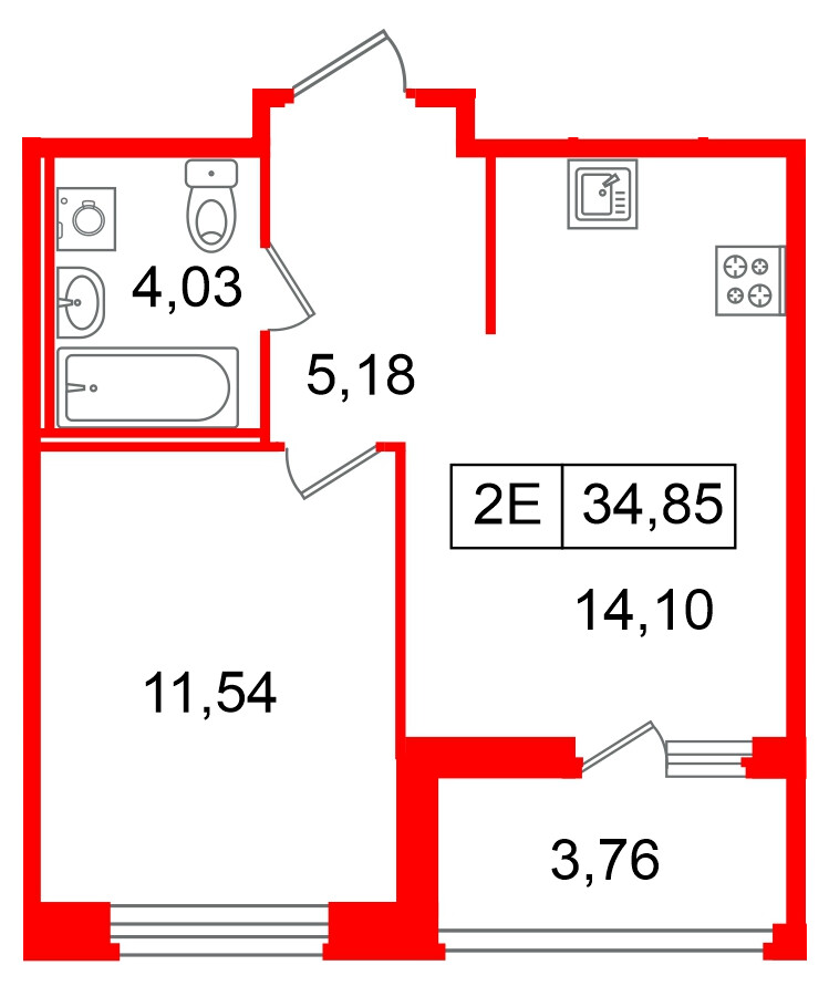 Квартира в ЖК «Ультра Сити 3.0», 1 комнатная, 34.85 м², 17 этаж