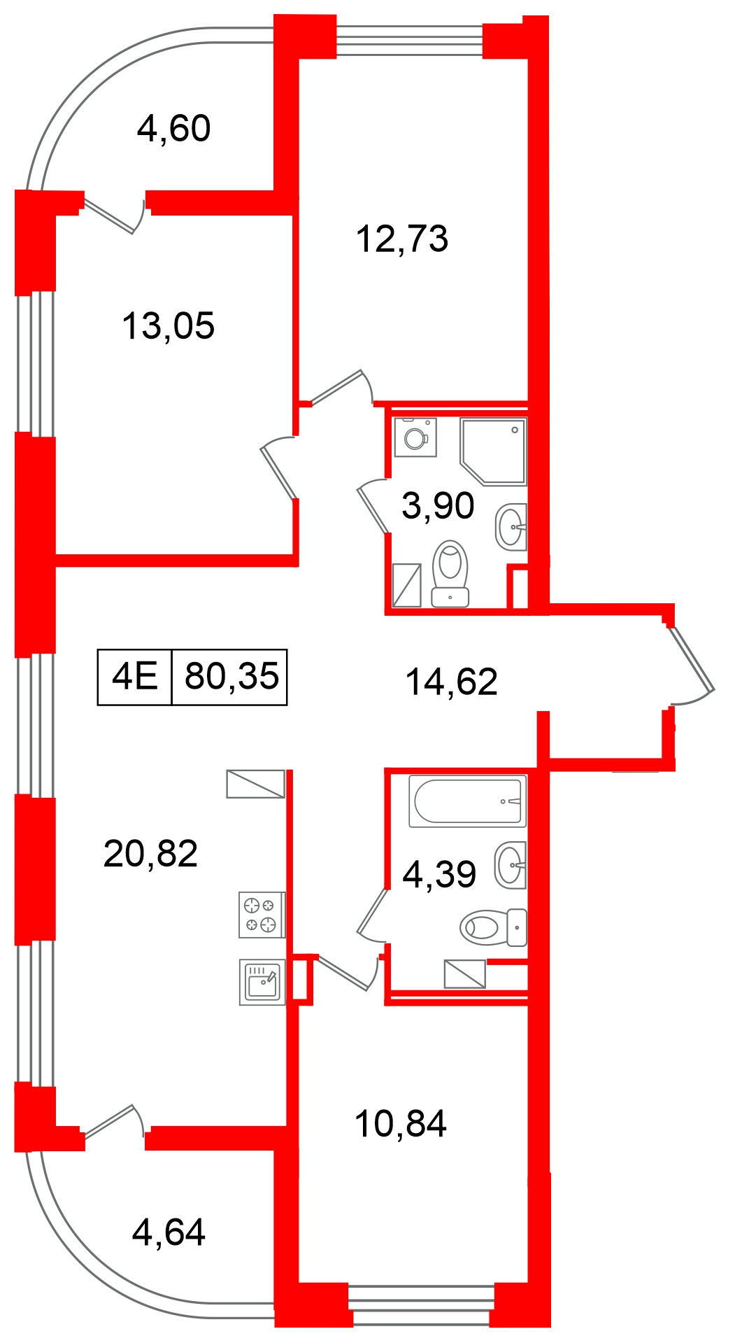 Квартира в ЖК «Ультра Сити 3.0», 3 комнатная, 80.35 м², 5 этаж