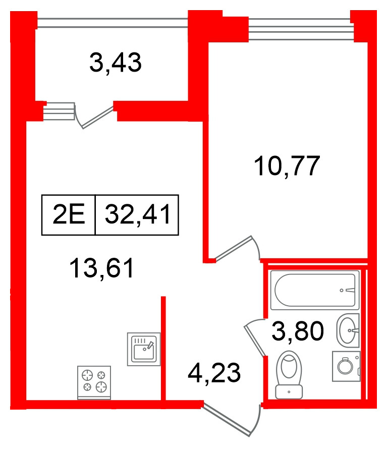 Квартира в ЖК «Ультра Сити 3.0», 1 комнатная, 32.41 м², 14 этаж