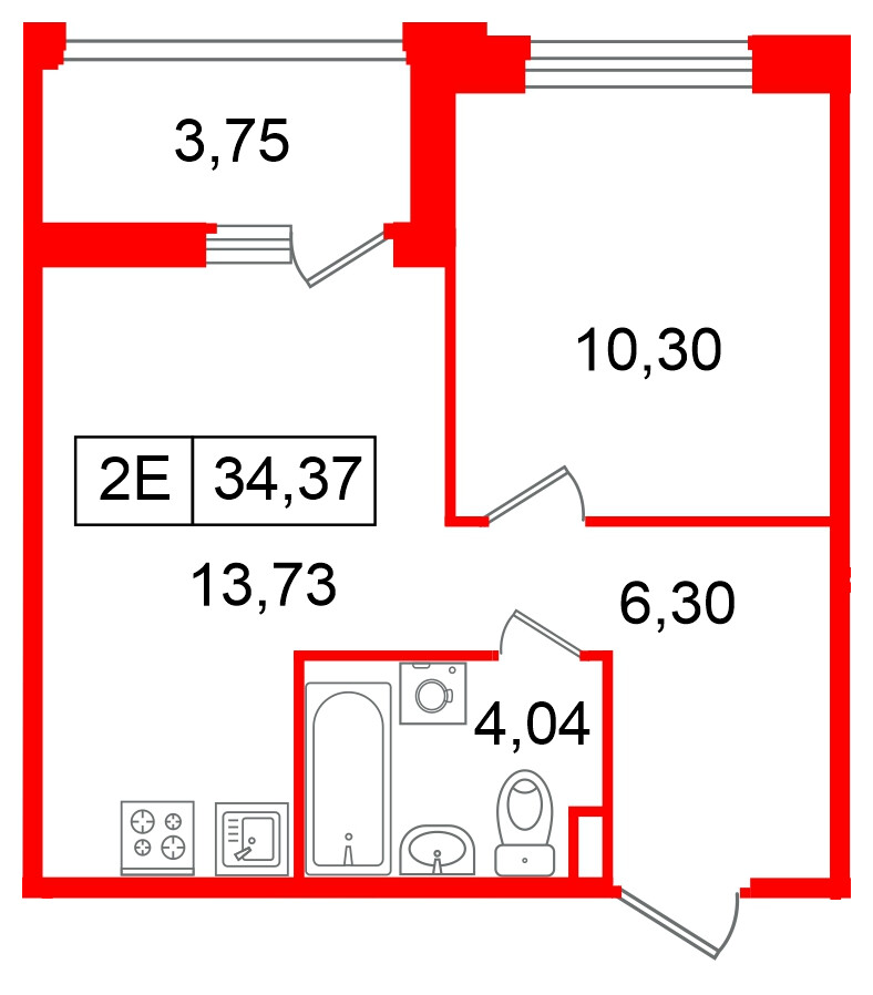 Квартира в ЖК «Ультра Сити 3.0», 1 комнатная, 34.37 м², 8 этаж