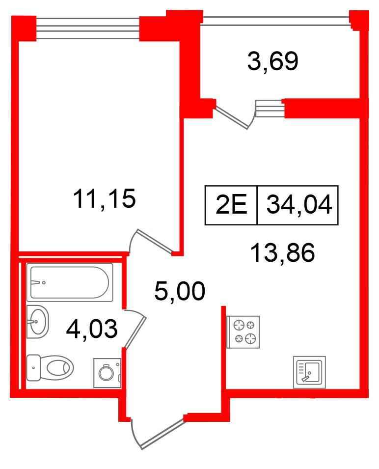 Квартира в ЖК «Ультра Сити 3.0», 1 комнатная, 34.04 м², 6 этаж
