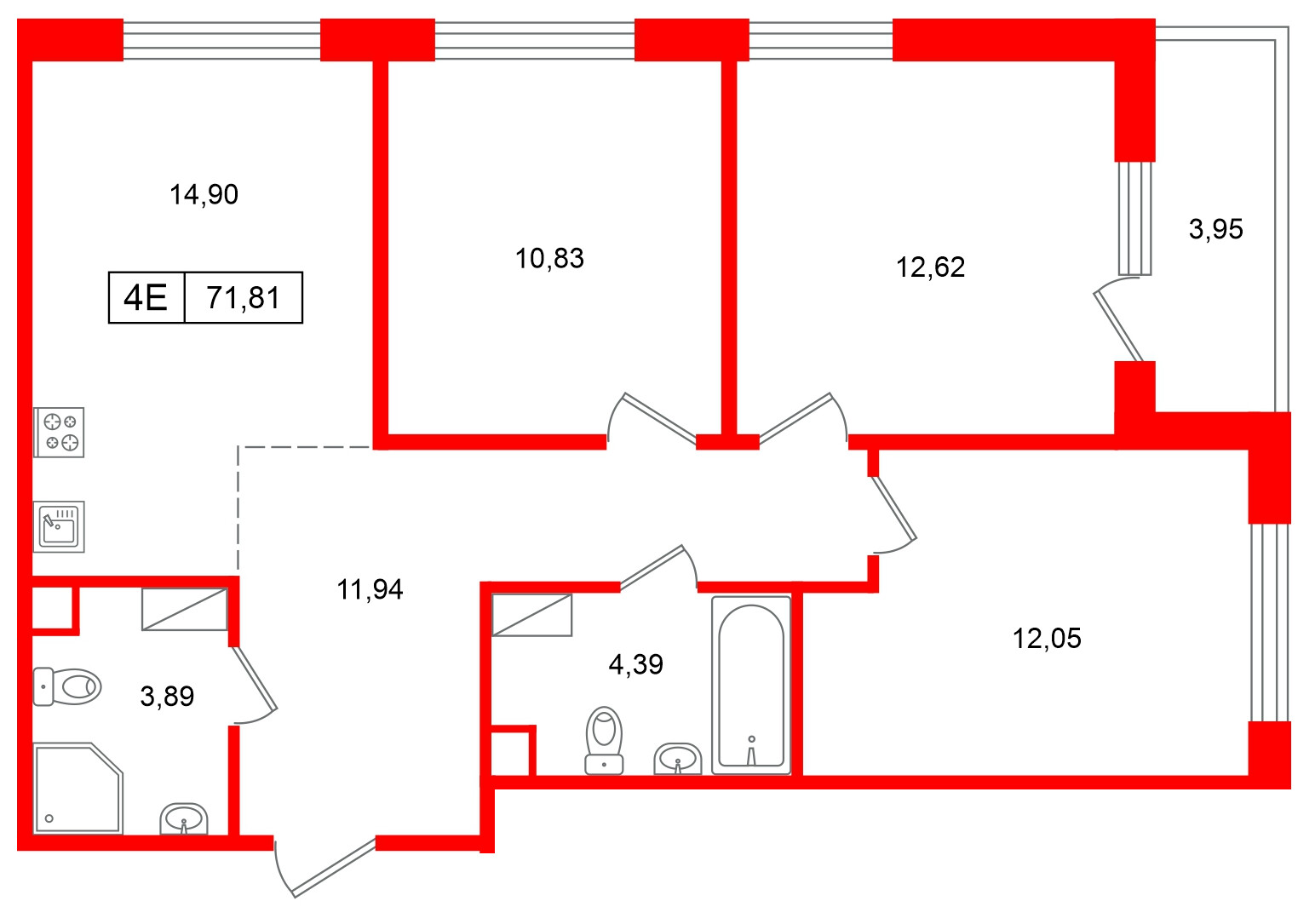 Квартира в ЖК Расцветай в Янино, 3 комнатная, 71.81 м², 2 этаж