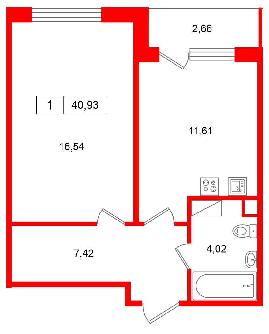 Квартира в ЖК «Расцветай в Янино», 1 комнатная, 40.92 м², 6 этаж