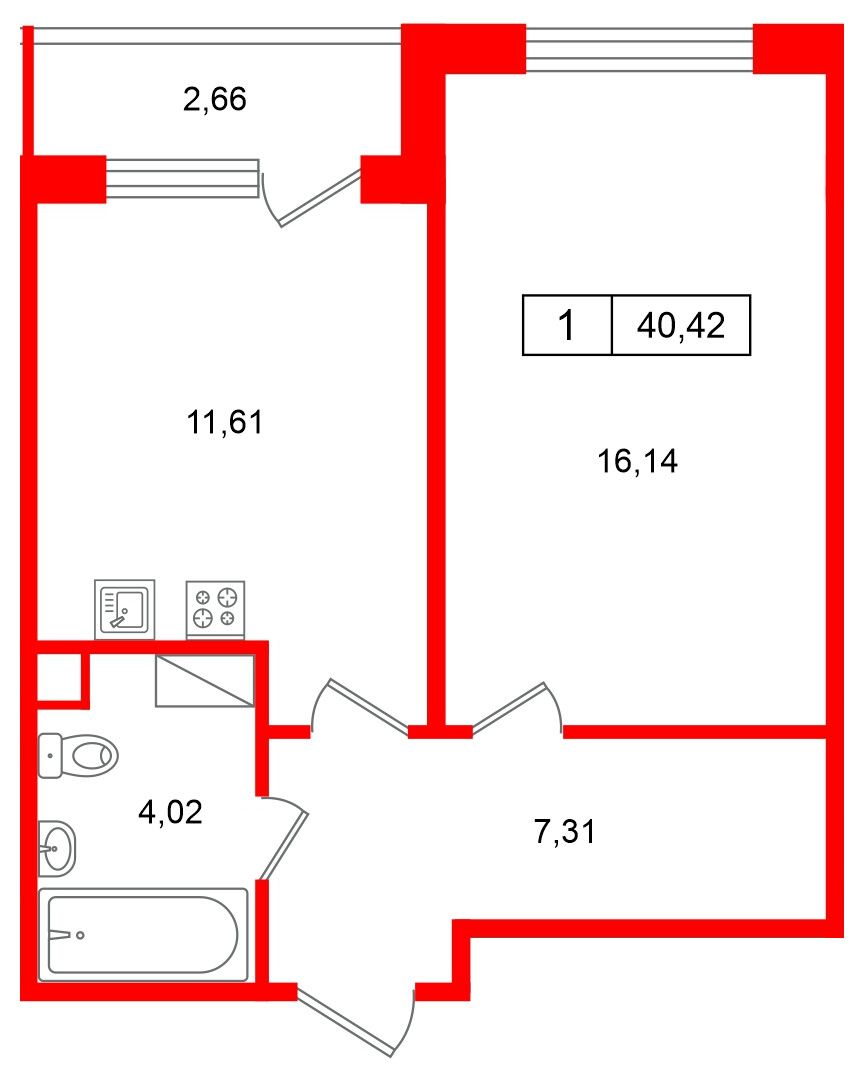 Квартира в ЖК «Расцветай в Янино», 1 комнатная, 41.14 м², 6 этаж
