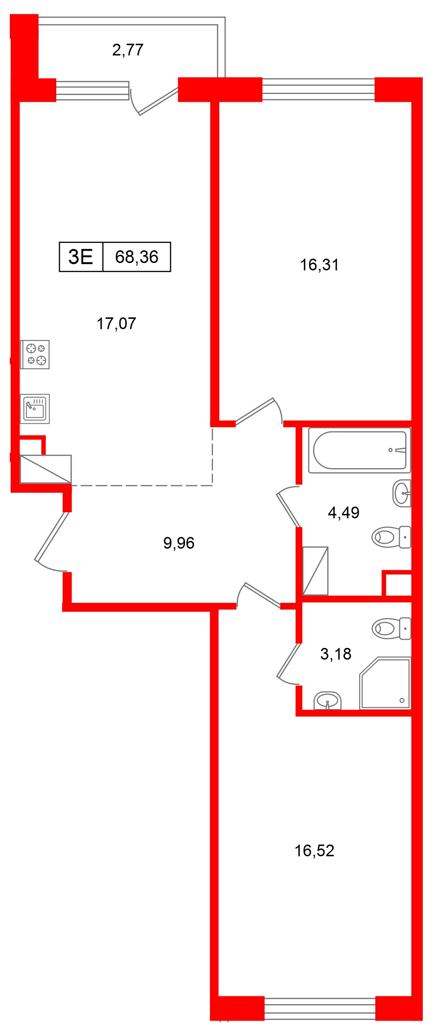 Квартира в ЖК «Расцветай в Янино», 2 комнатная, 68.36 м², 6 этаж