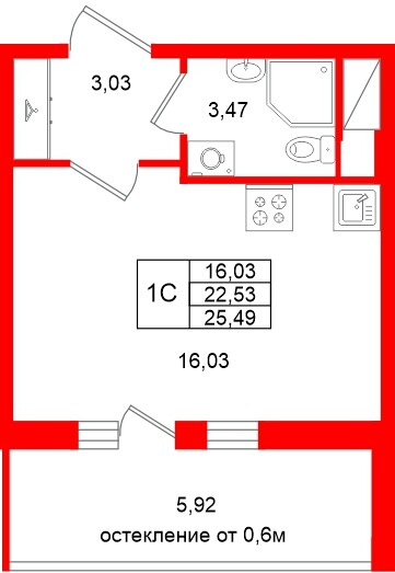 Квартира в ЖК «Город звёзд», студия, 22.53 м², 7 этаж