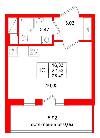 Квартира в ЖК «Город звёзд», студия, 22.53 м², 12 этаж