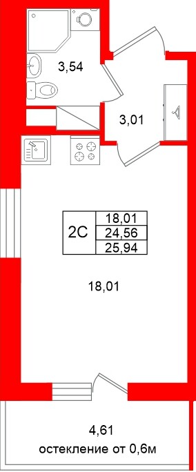 Квартира в ЖК «Город звёзд», студия, 24.56 м², 12 этаж