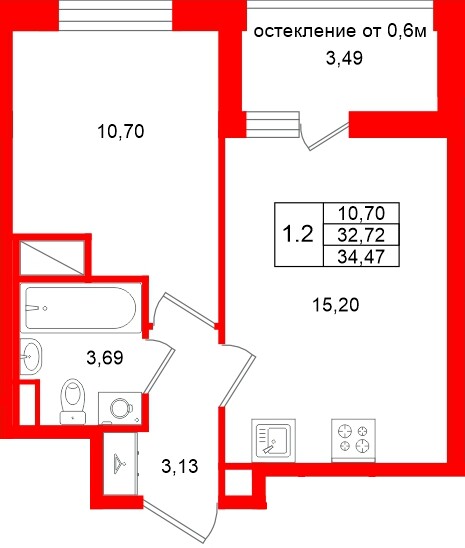 Квартира в ЖК «Город звёзд», 1 комнатная, 32.72 м², 5 этаж
