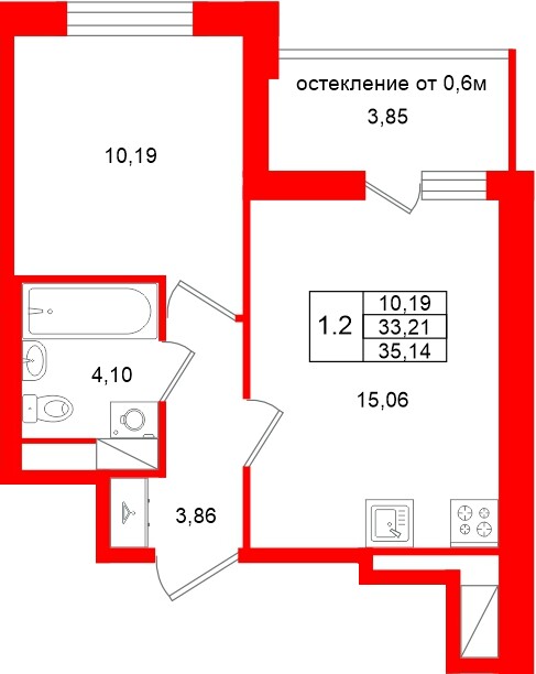Квартира в ЖК «Город звёзд», 1 комнатная, 33.21 м², 22 этаж