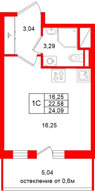 Квартира в ЖК «Город звёзд», студия, 22.58 м², 3 этаж