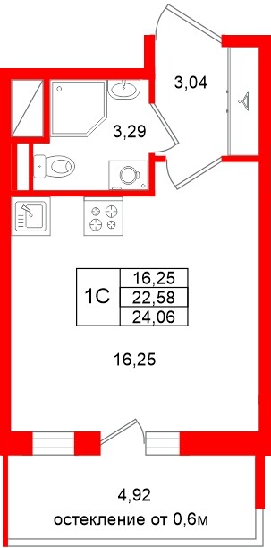 Квартира в ЖК «Город звёзд», студия, 22.58 м², 3 этаж