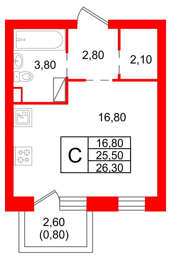Квартира в ЖК «Шотландия», студия, 25.5 м², 2 этаж
