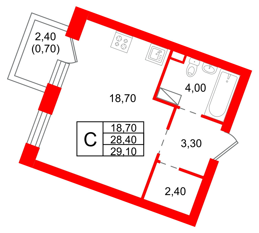 Квартира в ЖК «Шотландия», студия, 28.4 м², 3 этаж