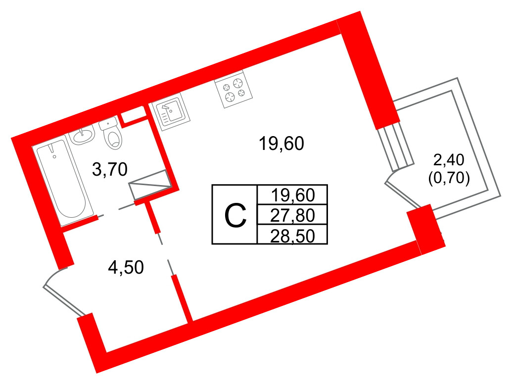 Квартира в ЖК «Шотландия», студия, 27.8 м², 1 этаж