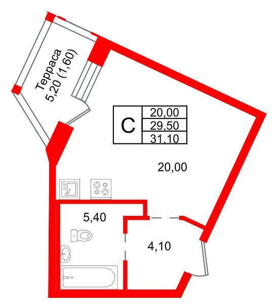 Квартира в ЖК «Шотландия», студия, 29.5 м², 1 этаж