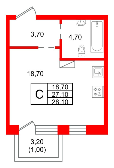 Квартира в ЖК «Шотландия», студия, 27.1 м², 2 этаж