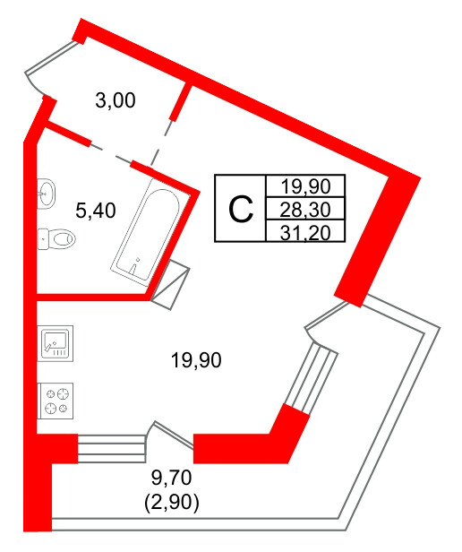 Квартира в ЖК «Шотландия», студия, 28.3 м², 2 этаж