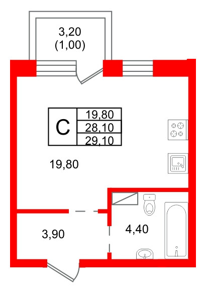 Квартира в ЖК «Шотландия», студия, 28.1 м², 3 этаж