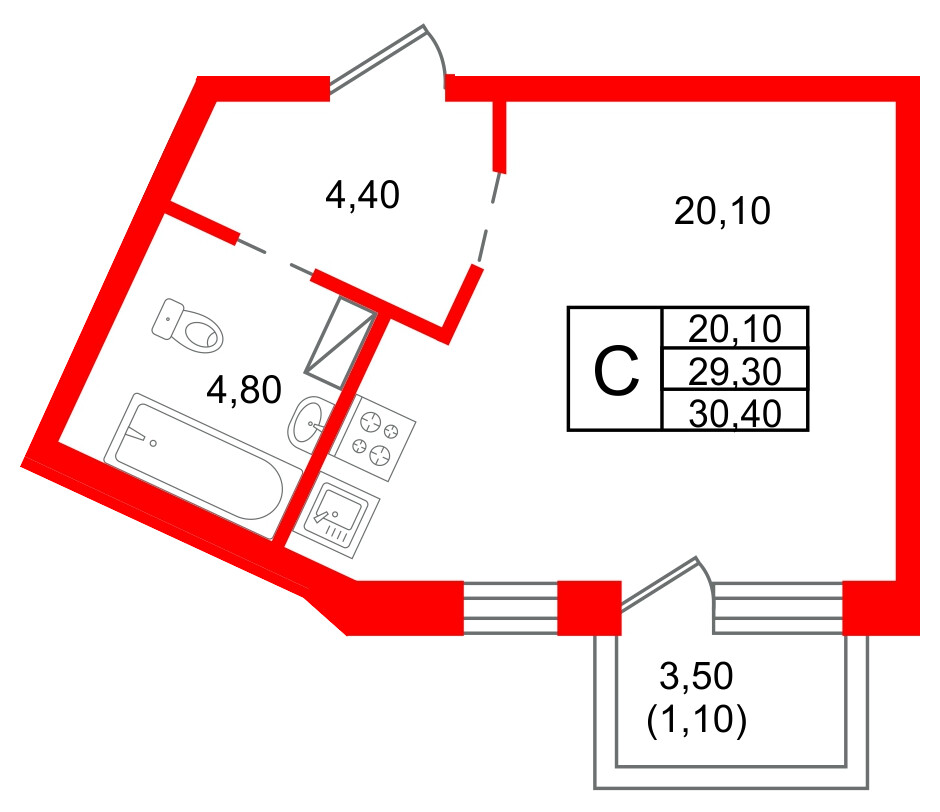 Квартира в ЖК «Шотландия», студия, 29.3 м², 2 этаж
