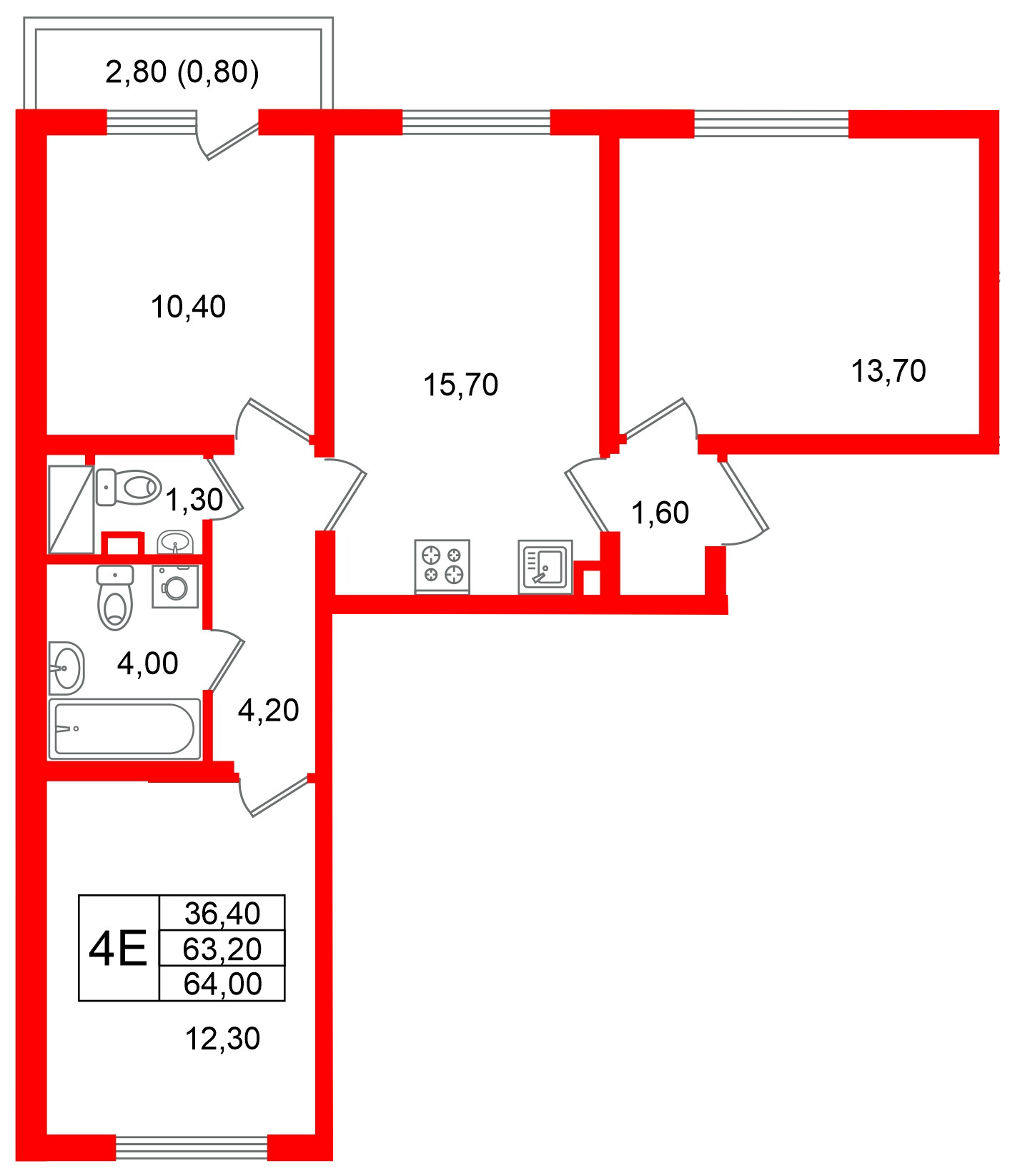 Квартира в ЖК «Ручьи–2», 3 комнатная, 64 м², 14 этаж