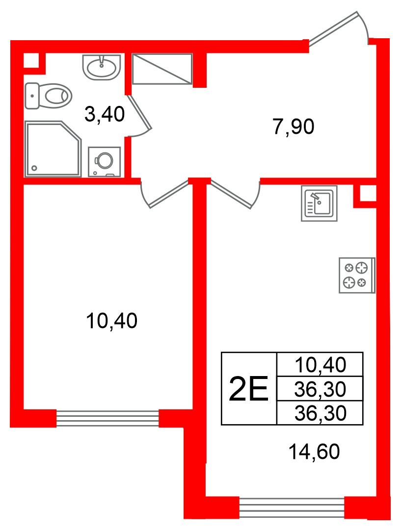 Квартира в ЖК «Ручьи–2», 1 комнатная, 36.3 м², 5 этаж