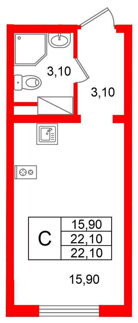 Квартира в ЖК «Ручьи–2», студия, 22.1 м², 2 этаж