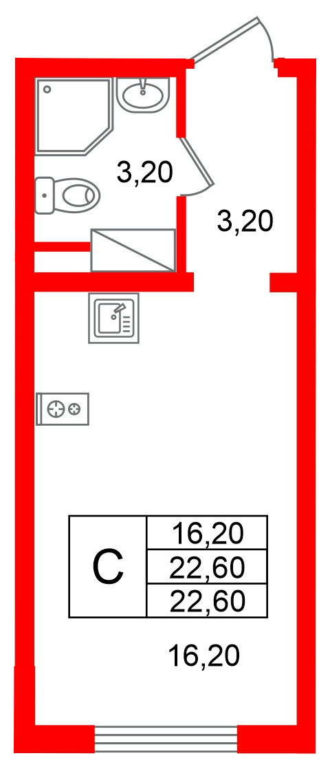 Квартира в ЖК «Ручьи–2», студия, 22.6 м², 14 этаж