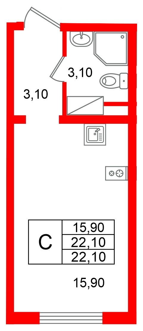 Квартира в ЖК «Ручьи–2», студия, 22.1 м², 3 этаж