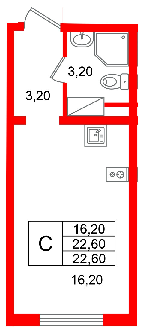 Квартира в ЖК «Ручьи–2», студия, 22.6 м², 5 этаж