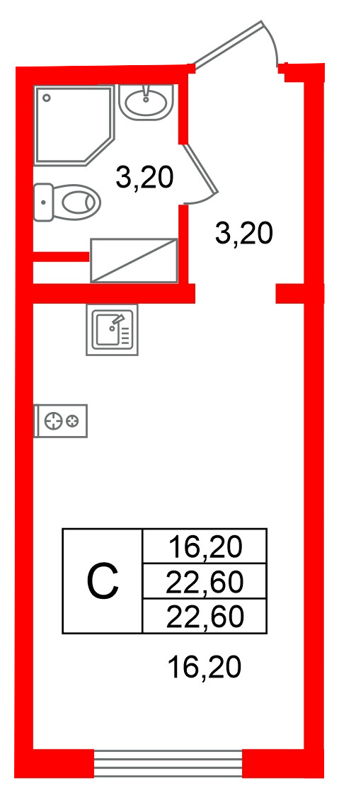 Квартира в ЖК «Ручьи–2», студия, 22.6 м², 14 этаж