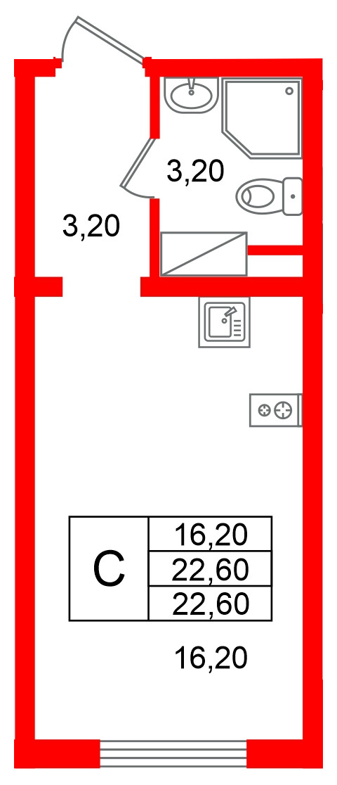 Квартира в ЖК «Ручьи–2», студия, 22.6 м², 9 этаж