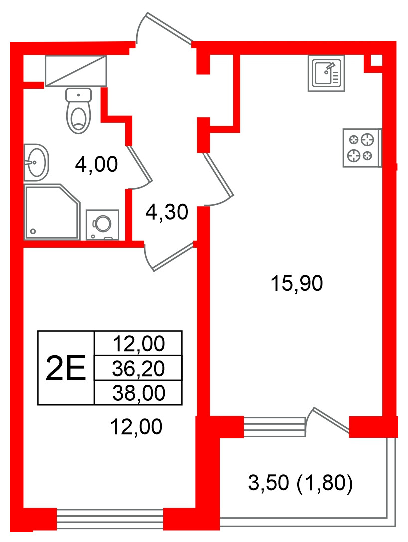 Квартира в ЖК «Ручьи–2», 1 комнатная, 38 м², 13 этаж