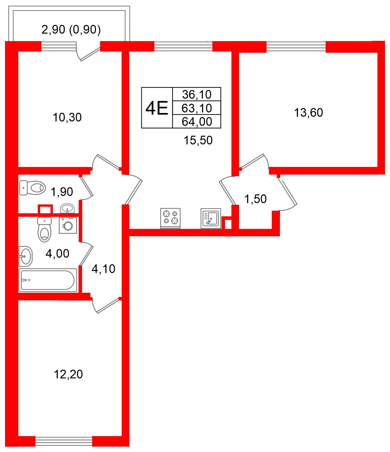 Квартира в ЖК «Ручьи–2», 3 комнатная, 64 м², 2 этаж