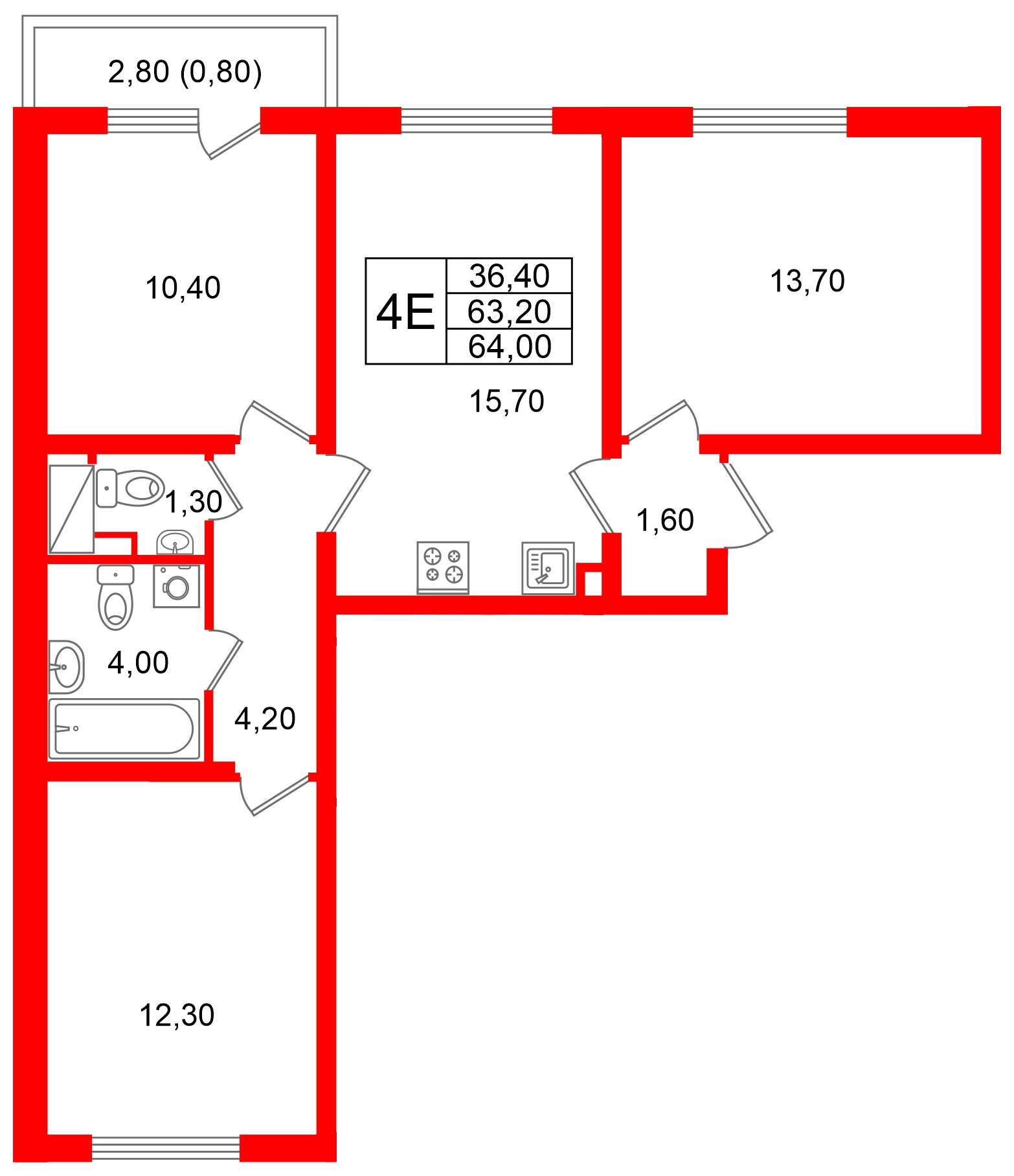 Квартира в ЖК «Ручьи–2», 3 комнатная, 64 м², 4 этаж
